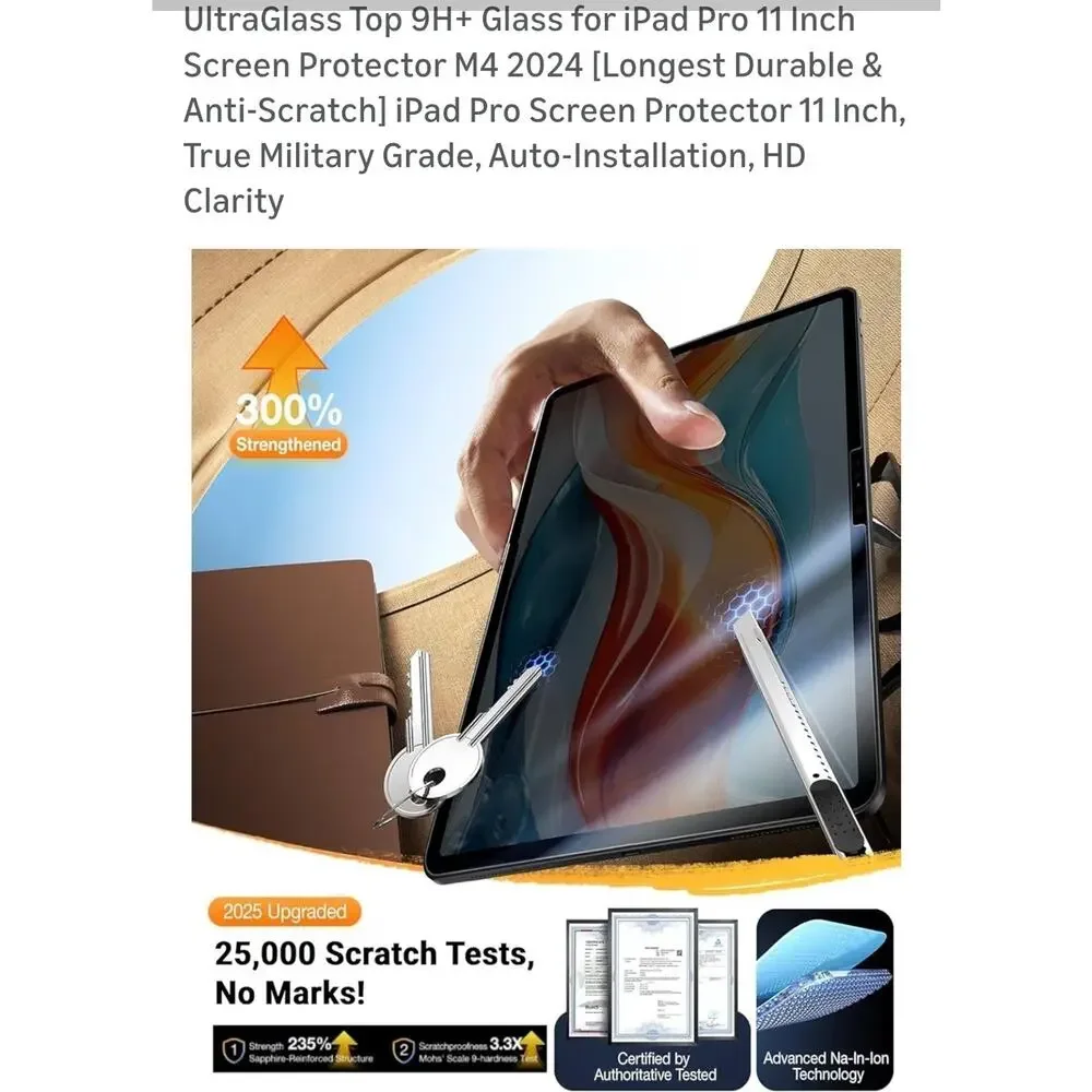 UltraGlass Top 9H+ Glass for iPad Pro 11 Inch Screen Protector M4 2024 [Longest